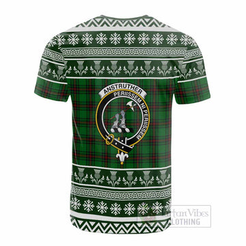 Anstruther Clan Tartan Christmas Cotton T-shirt with Family Crest - Tartan Vibes Clothing