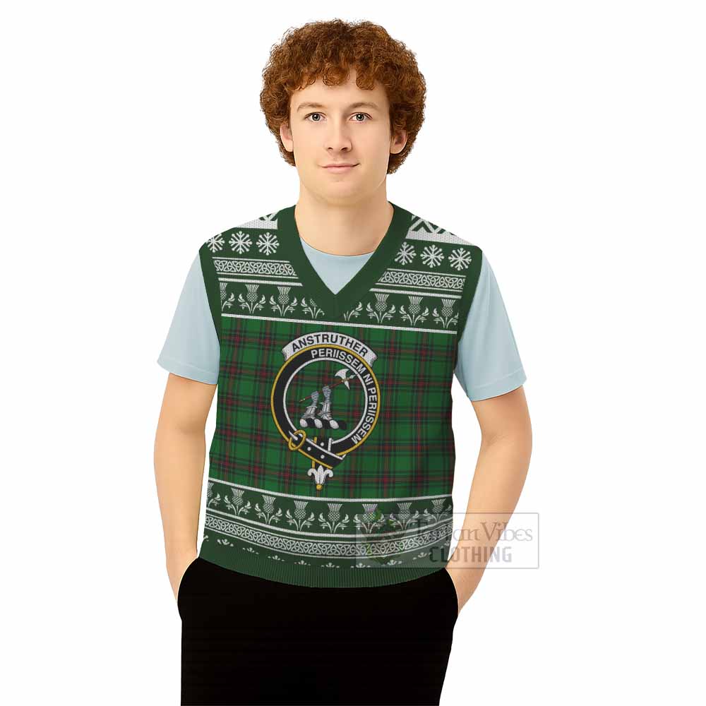 Anstruther Clan Tartan Christmas Knitted V-Neck Vest with Family Crest - Tartan Vibes Clothing