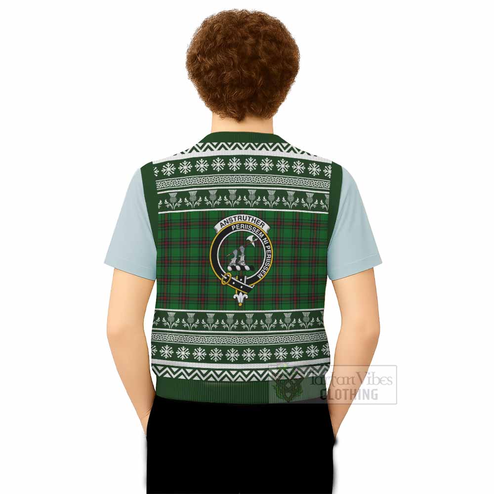 Anstruther Clan Tartan Christmas Knitted V-Neck Vest with Family Crest - Tartan Vibes Clothing