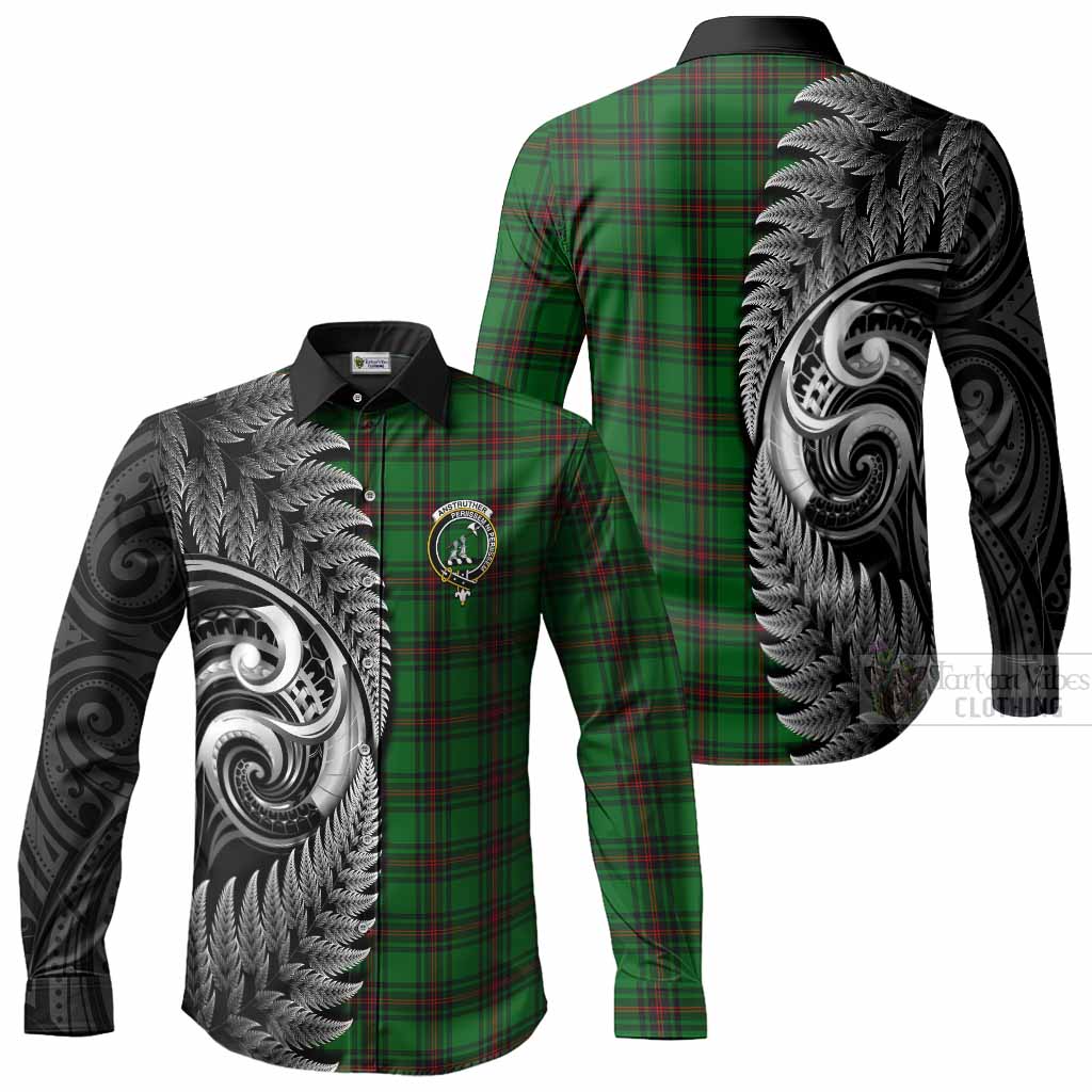 Anstruther Tartan Crest Long Sleeve Button Shirts With New Zealand Silver Fern Maori Koru