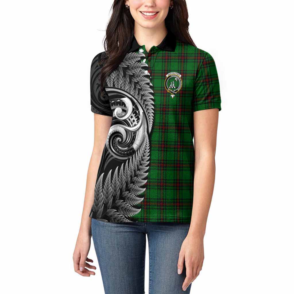 Anstruther Tartan Crest Women Polo Shirt With New Zealand Silver Fern Maori Koru
