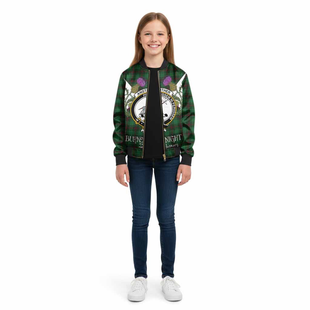 Anstruther Tartan Family Crest Kid Bomber Jacket Scottish Burns Night Thistle Floral
