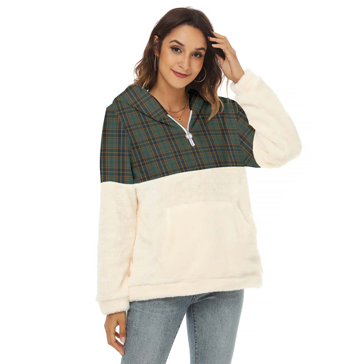 Antrim County Ireland Tartan Women's Borg Fleece Hoodie With Half Zip Female - Tartan Vibes Clothing