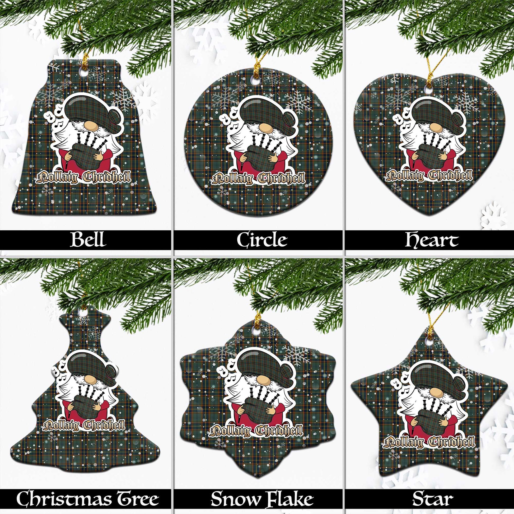 Antrim County Ireland Tartan Christmas Ornaments with Scottish Gnome Playing Bagpipes Ceramic - Tartanvibesclothing