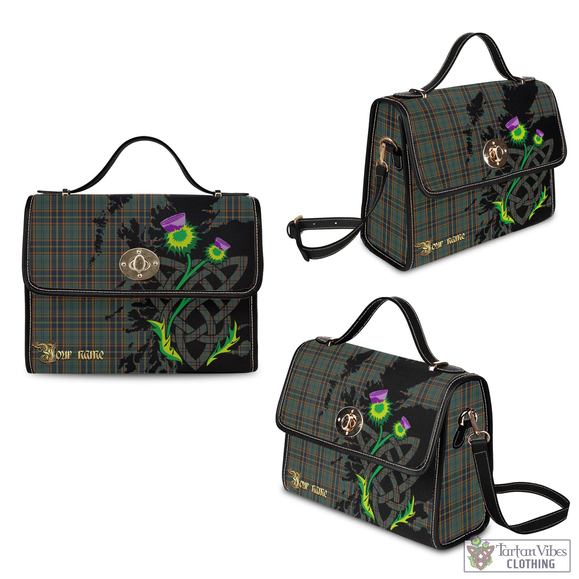 Tartan Vibes Clothing Antrim County Ireland Tartan Waterproof Canvas Bag with Scotland Map and Thistle Celtic Accents