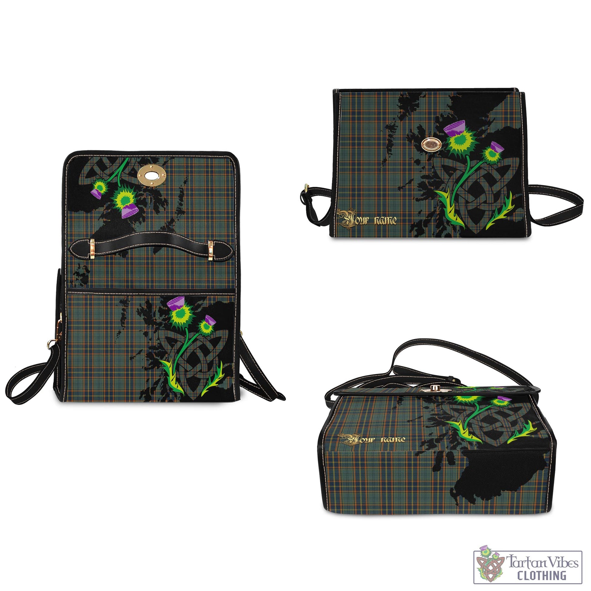 Tartan Vibes Clothing Antrim County Ireland Tartan Waterproof Canvas Bag with Scotland Map and Thistle Celtic Accents