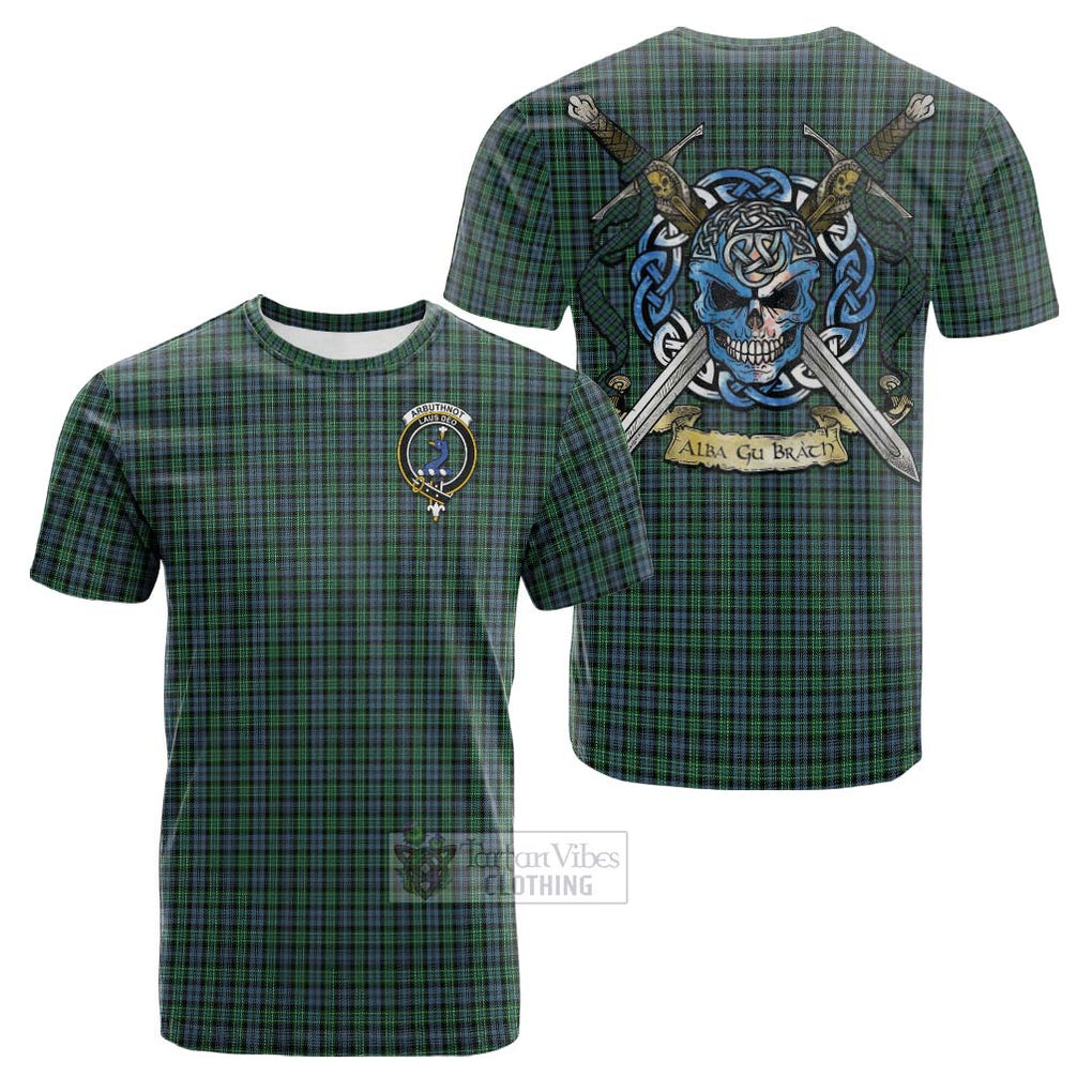 Tartan Vibes Clothing Arbuthnot Tartan Cotton T-shirt with Family Crest Celtic Skull Style