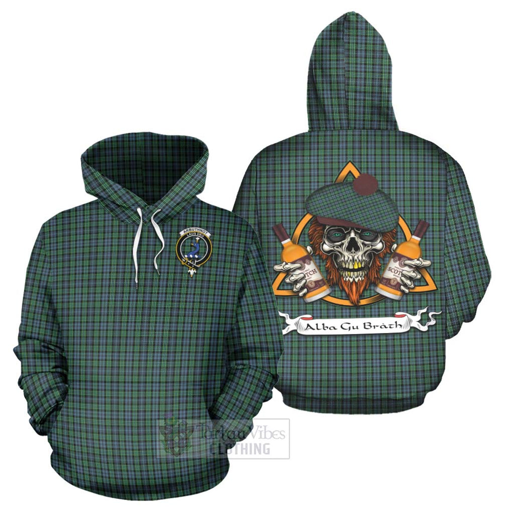 Tartan Vibes Clothing Arbuthnot Tartan Hoodie with Family Crest and Bearded Skull Holding Bottles of Whiskey