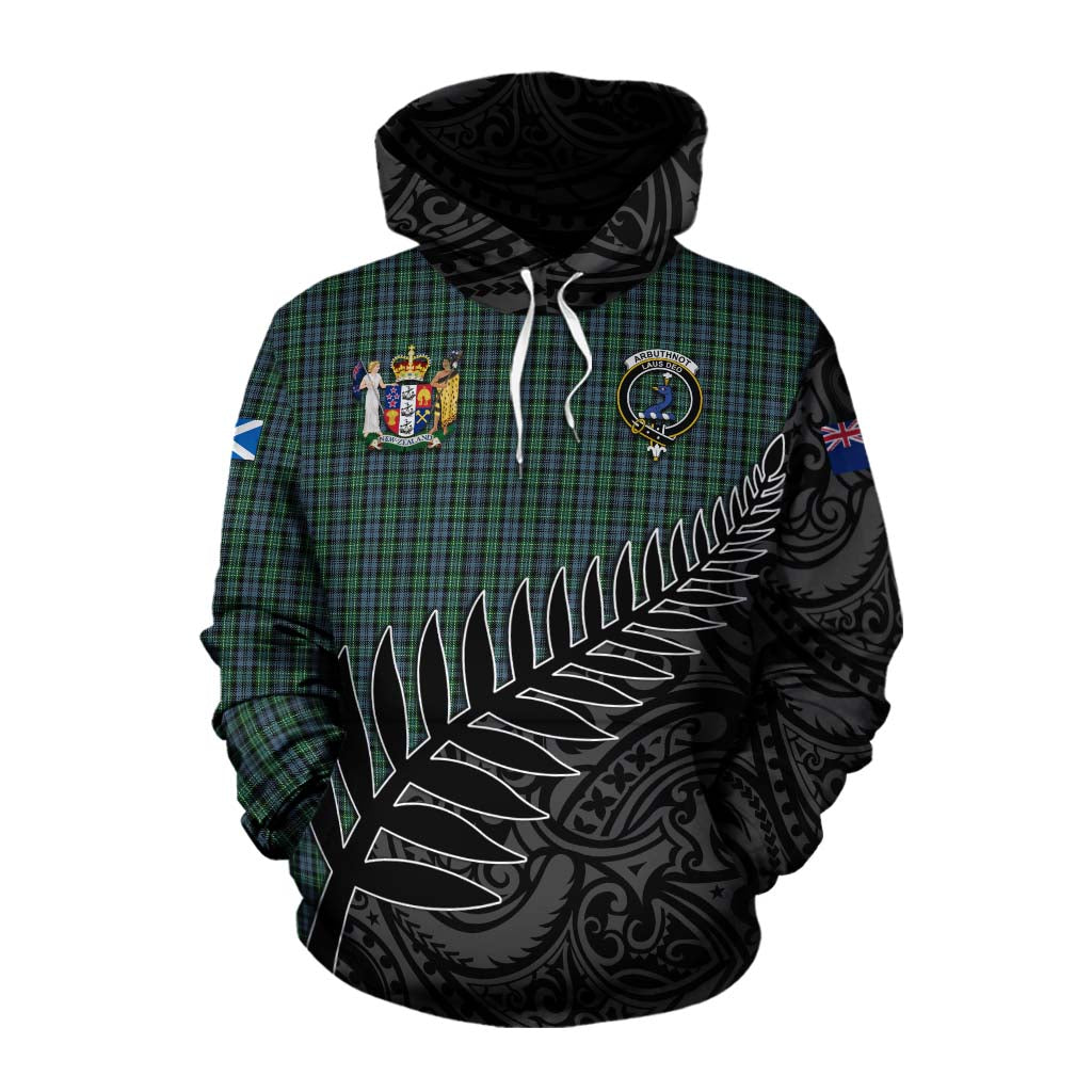 Tartan Vibes Clothing Arbuthnot Crest Tartan Cotton Hoodie with New Zealand Silver Fern Half Style