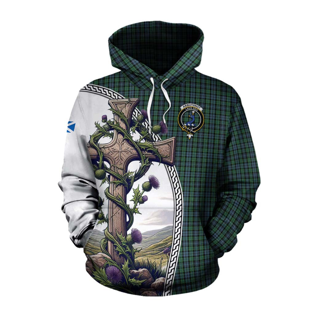 Tartan Vibes Clothing Arbuthnot Tartan Cotton Hoodie with Family Crest and St. Andrew's Cross Accented by Thistle Vines