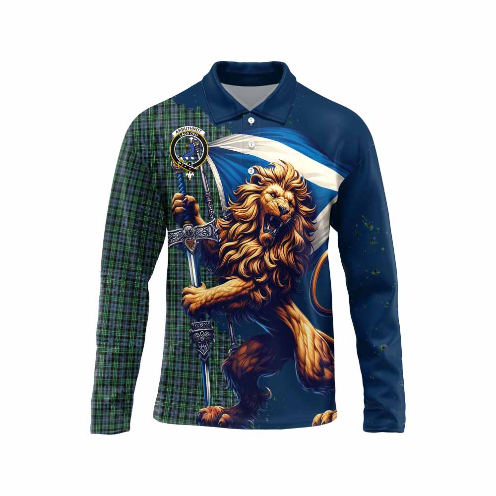 Tartan Vibes Clothing Arbuthnot Tartan Family Crest Long Sleeve Polo Shirt with Scottish Majestic Lion