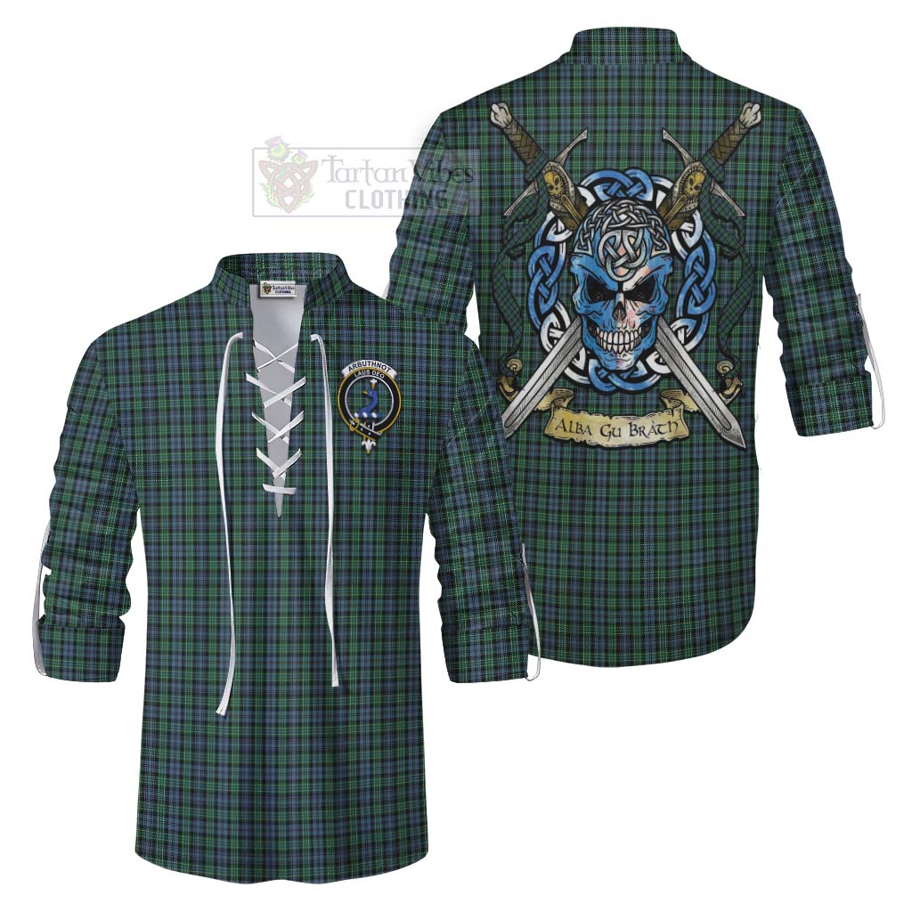 Tartan Vibes Clothing Arbuthnot Tartan Ghillie Kilt Shirt with Family Crest Celtic Skull Style