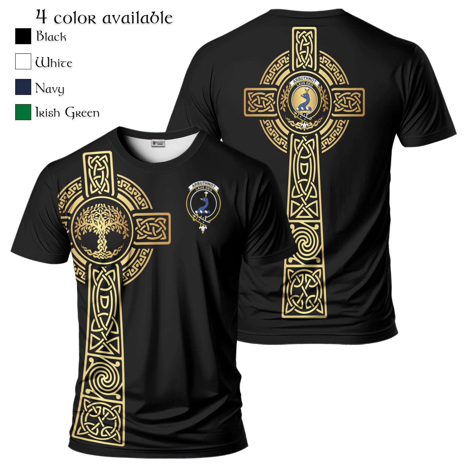 Arbuthnot Clan Mens T-Shirt with Golden Celtic Tree Of Life Black - Tartanvibesclothing