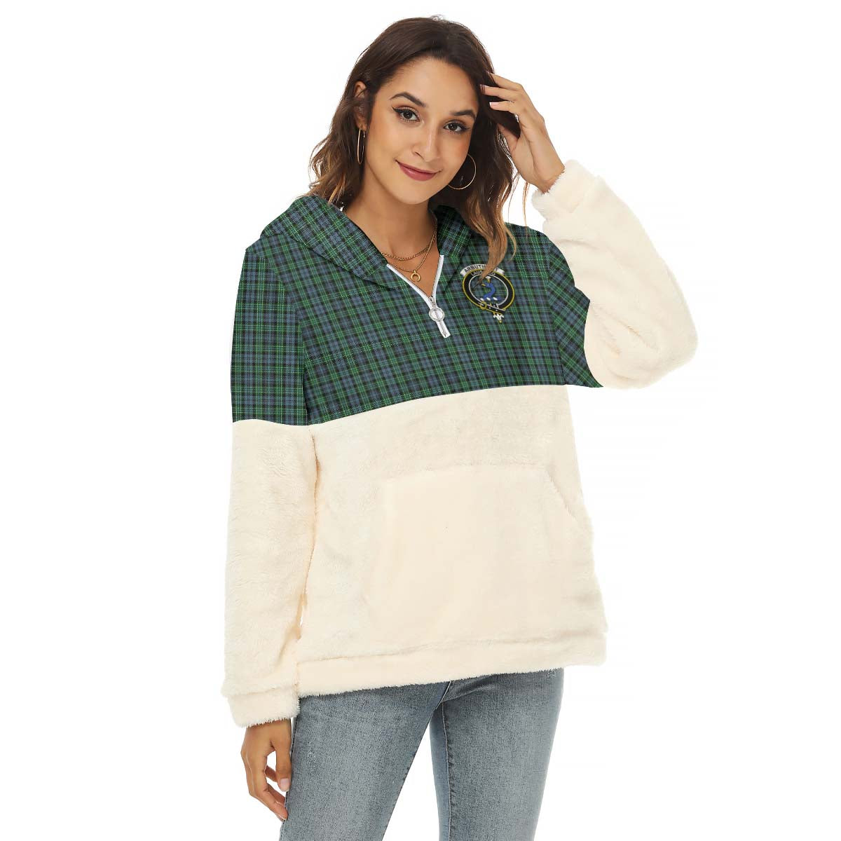 Arbuthnot Tartan Half Style Women's Borg Fleece Hoodie with Half Zip with Family Crest Female - Tartan Vibes Clothing