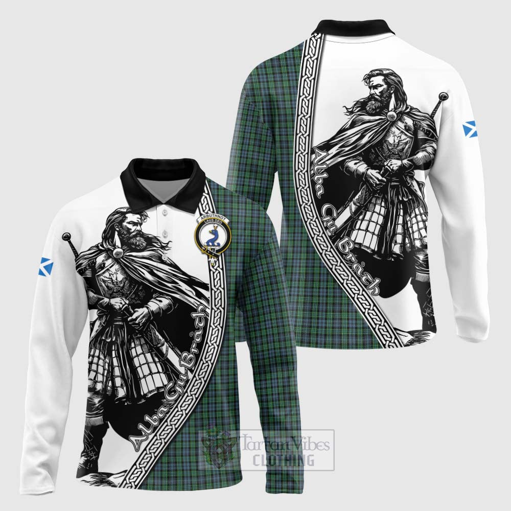 Tartan Vibes Clothing Arbuthnot Tartan Clan Crest Long Sleeve Polo Shirt with Highlander Warrior Celtic Style