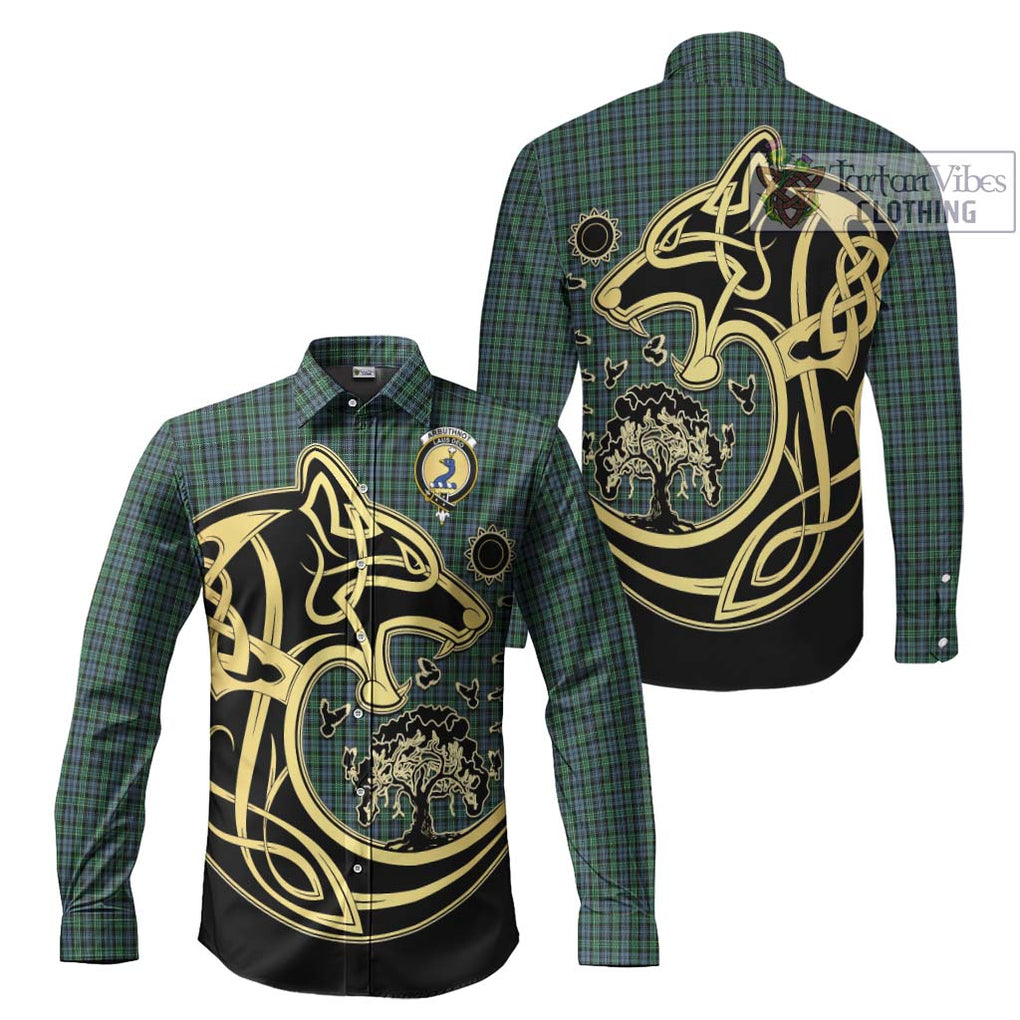 Arbuthnot Tartan Long Sleeve Button Shirt with Family Crest Celtic Wolf Style Men's Shirt S - Tartan Vibes Clothing
