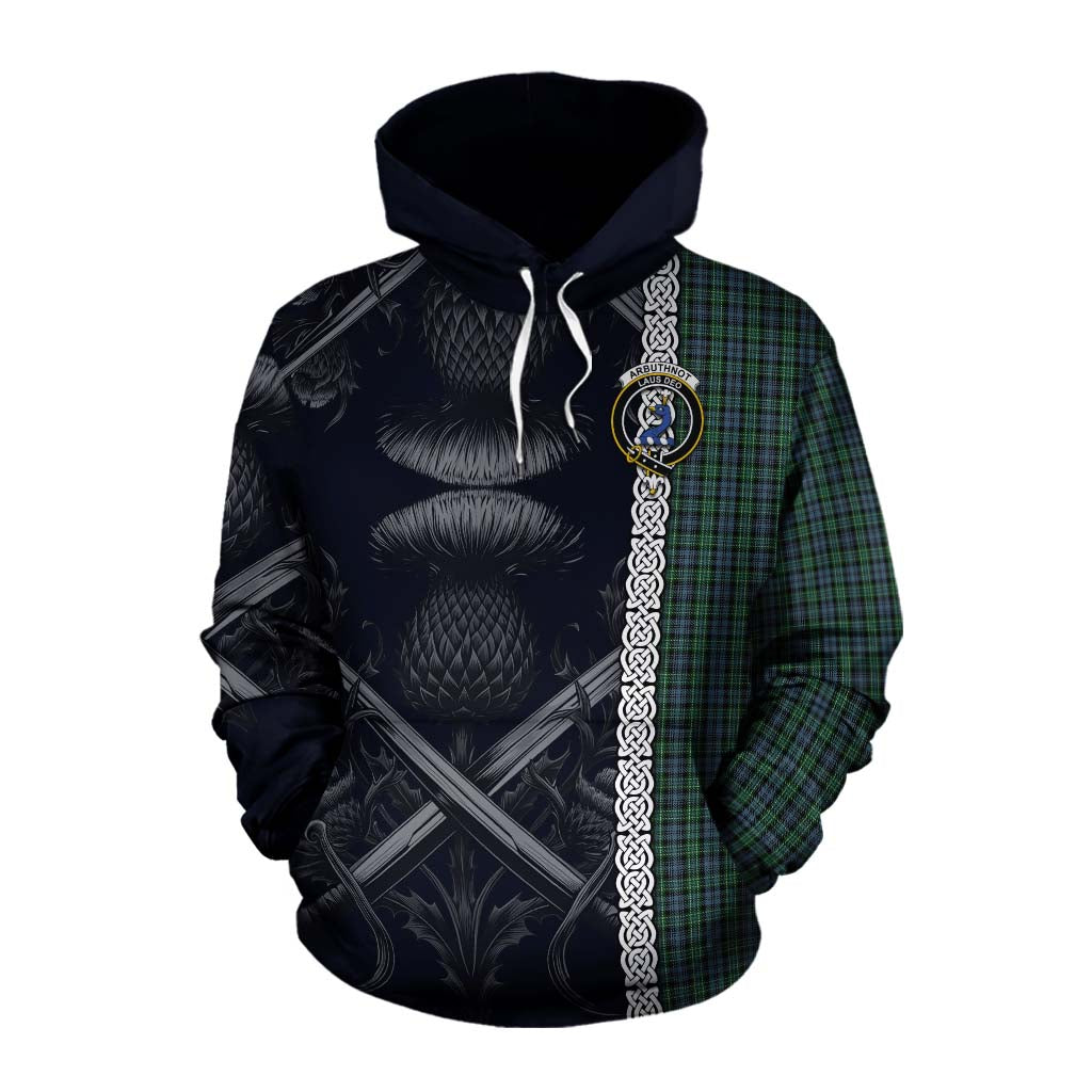 Tartan Vibes Clothing Arbuthnot Tartan Cotton Hoodie with Family Crest Cross Sword Thistle Celtic Vibes