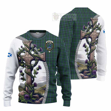 Tartan Vibes Clothing Arbuthnot Tartan Knitted Sweater with Family Crest and St. Andrew's Cross Accented by Thistle Vines