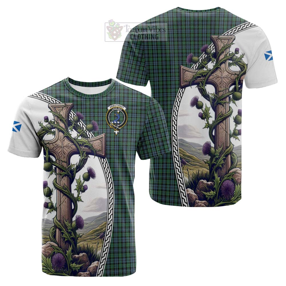 Tartan Vibes Clothing Arbuthnot Tartan Cotton T-shirt with Family Crest and St. Andrew's Cross Accented by Thistle Vines