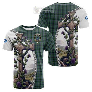 Tartan Vibes Clothing Arbuthnot Tartan Cotton T-shirt with Family Crest and St. Andrew's Cross Accented by Thistle Vines