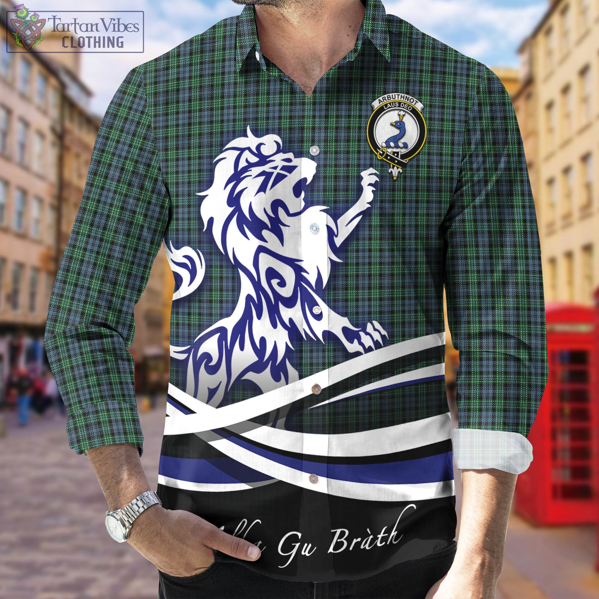 Arbuthnot Tartan Long Sleeve Button Up Shirt with Alba Gu Brath Regal Lion Emblem Men's Shirt - Tartan Vibes Clothing