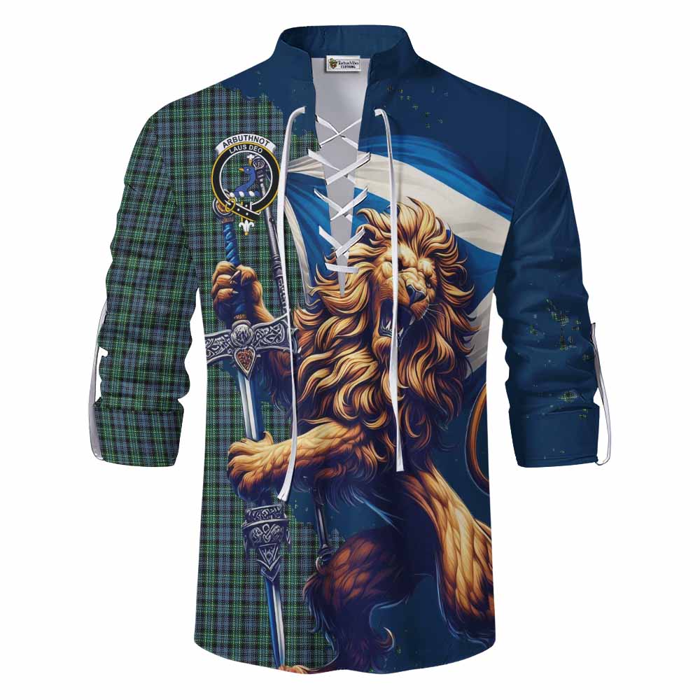 Tartan Vibes Clothing Arbuthnot Tartan Family Crest Ghillie Kilt Shirt with Scottish Majestic Lion
