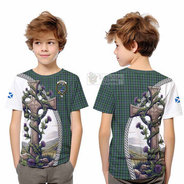 Tartan Vibes Clothing Arbuthnot Tartan Kid T-Shirt with Family Crest and St. Andrew's Cross Accented by Thistle Vines