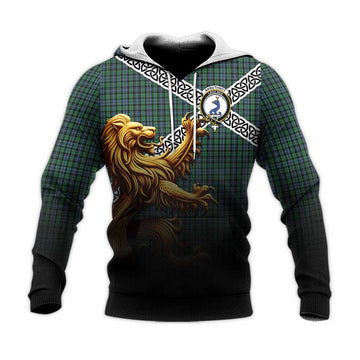 Tartan Vibes Clothing Arbuthnot Crest Tartan Knitted Hoodie with Golden Lion Emblem Celtic Style