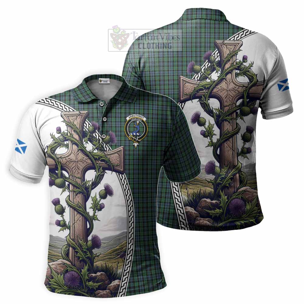 Tartan Vibes Clothing Arbuthnot Tartan Polo Shirt with Family Crest and St. Andrew's Cross Accented by Thistle Vines