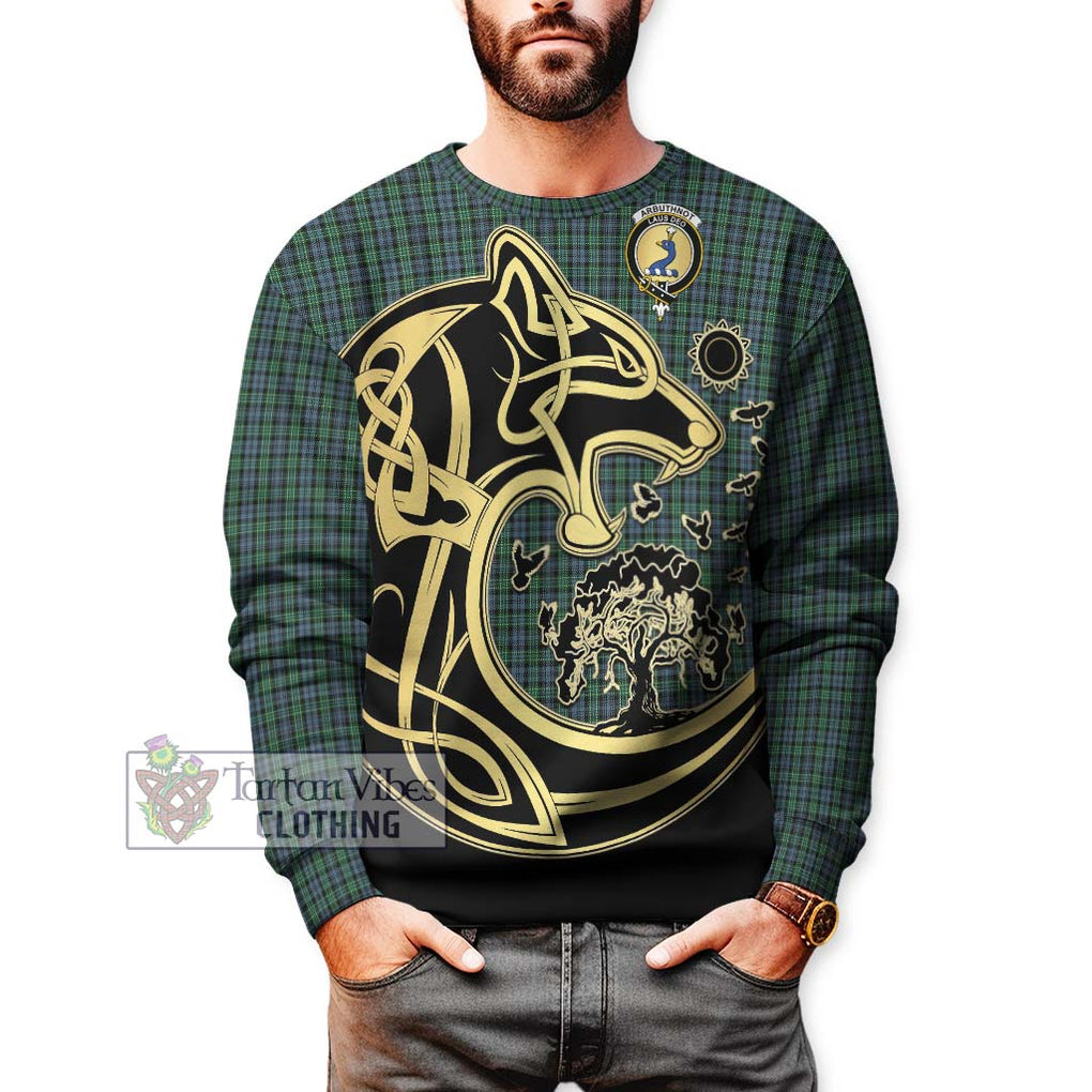 Arbuthnot Tartan Sweatshirt with Family Crest Celtic Wolf Style Unisex - Tartan Vibes Clothing