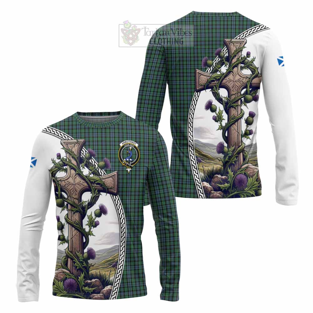 Tartan Vibes Clothing Arbuthnot Tartan Long Sleeve T-Shirt with Family Crest and St. Andrew's Cross Accented by Thistle Vines
