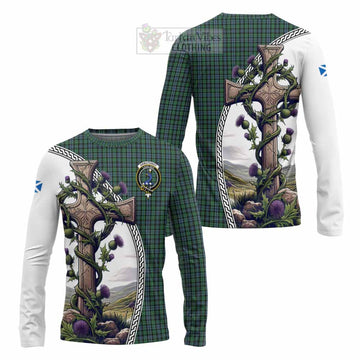 Tartan Vibes Clothing Arbuthnot Tartan Long Sleeve T-Shirt with Family Crest and St. Andrew's Cross Accented by Thistle Vines