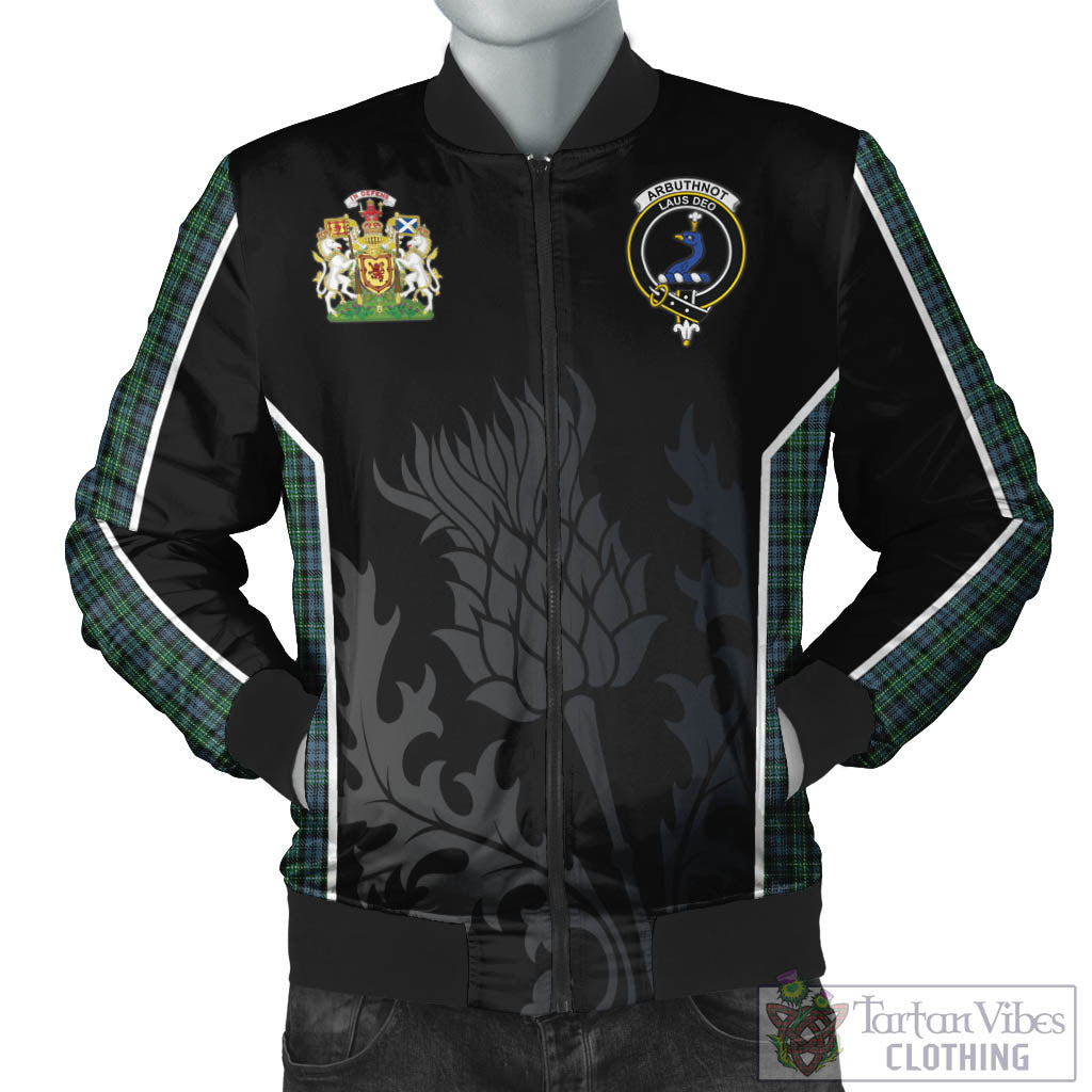 Tartan Vibes Clothing Arbuthnot Tartan Bomber Jacket with Family Crest and Scottish Thistle Vibes Sport Style