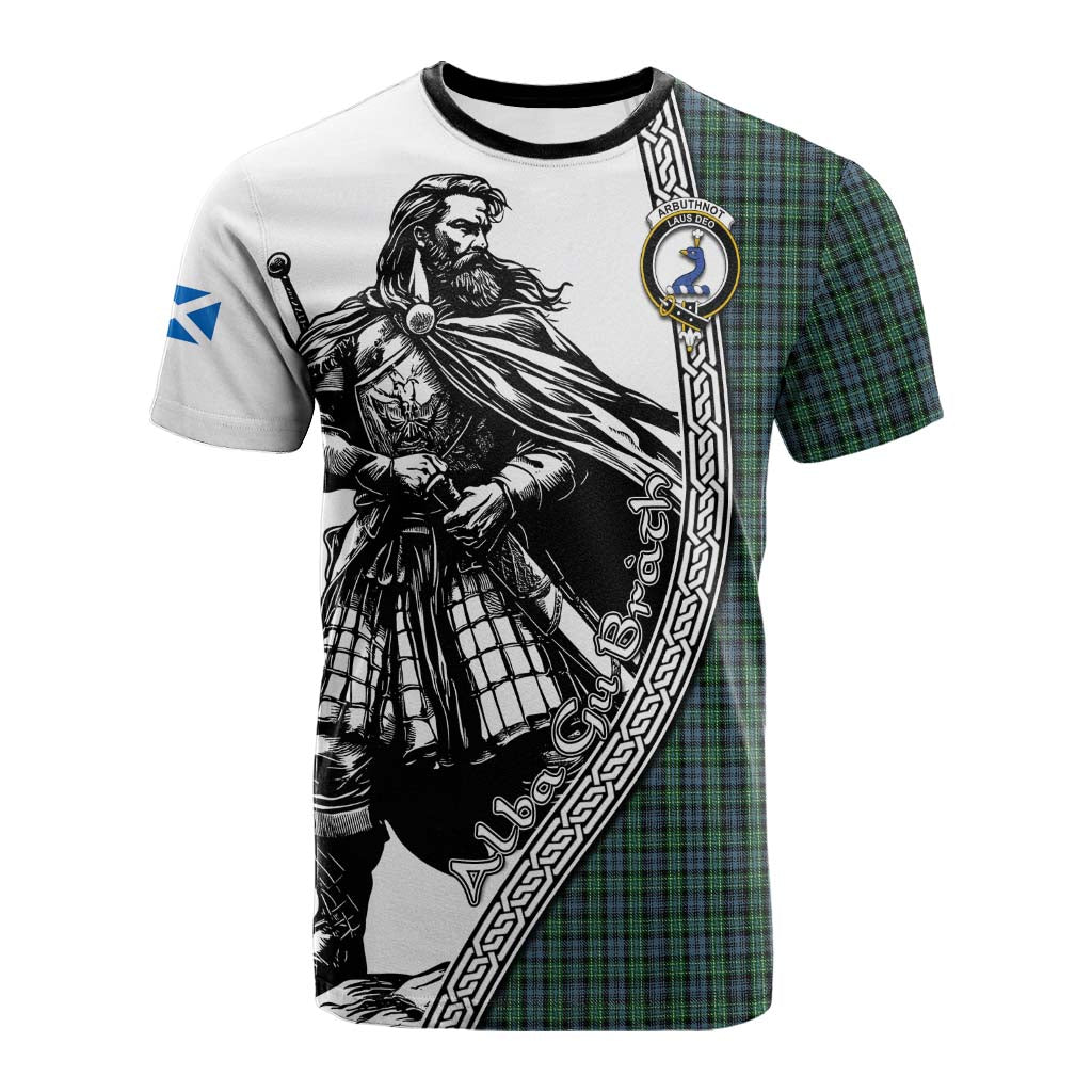 Arbuthnot Tartan Clan Crest Cotton T-shirt with Highlander Warrior Celtic Style