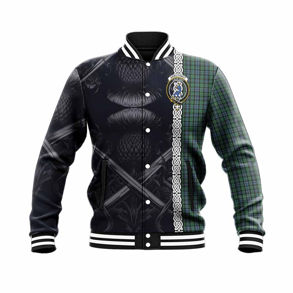 Tartan Vibes Clothing Arbuthnot Tartan Baseball Jacket with Family Crest Cross Sword Thistle Celtic Vibes