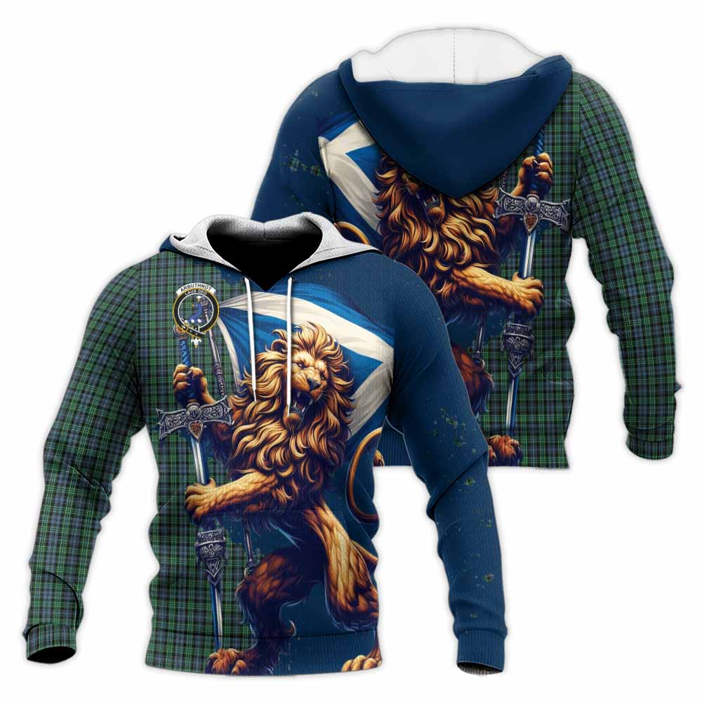 Tartan Vibes Clothing Arbuthnot Tartan Family Crest Knitted Hoodie with Scottish Majestic Lion