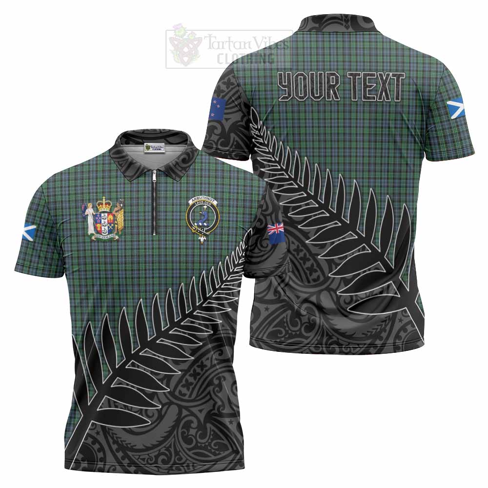Tartan Vibes Clothing Arbuthnot Crest Tartan Zipper Polo Shirt with New Zealand Silver Fern Half Style