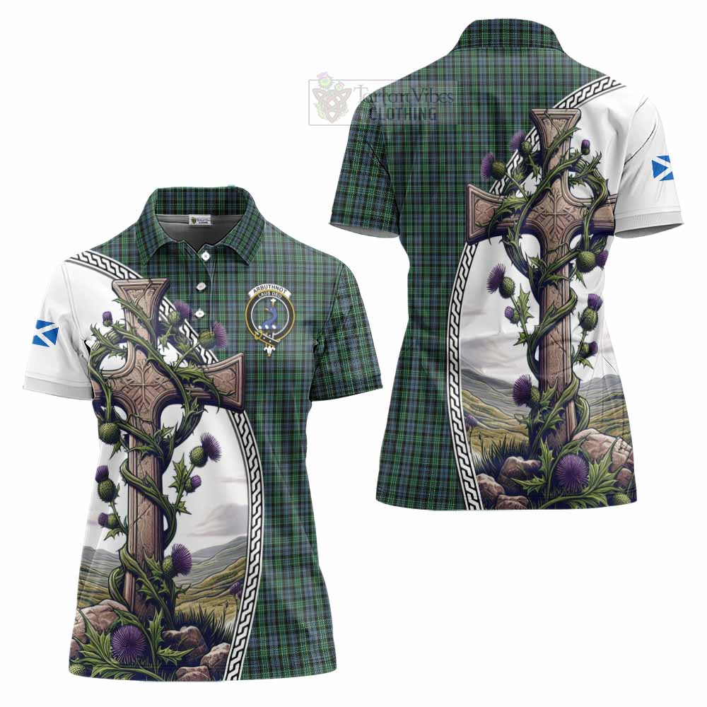 Tartan Vibes Clothing Arbuthnot Tartan Women's Polo Shirt with Family Crest and St. Andrew's Cross Accented by Thistle Vines