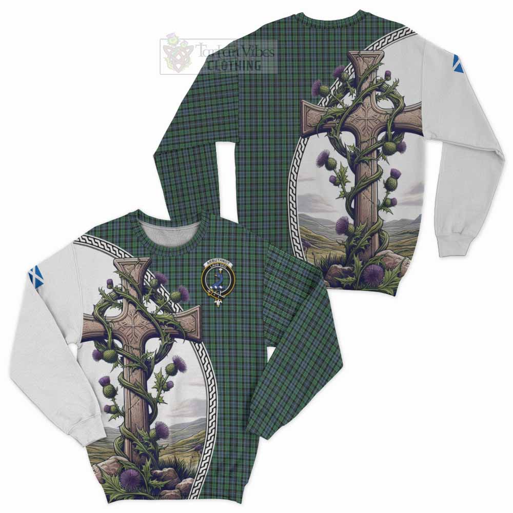 Tartan Vibes Clothing Arbuthnot Tartan Sweatshirt with Family Crest and St. Andrew's Cross Accented by Thistle Vines
