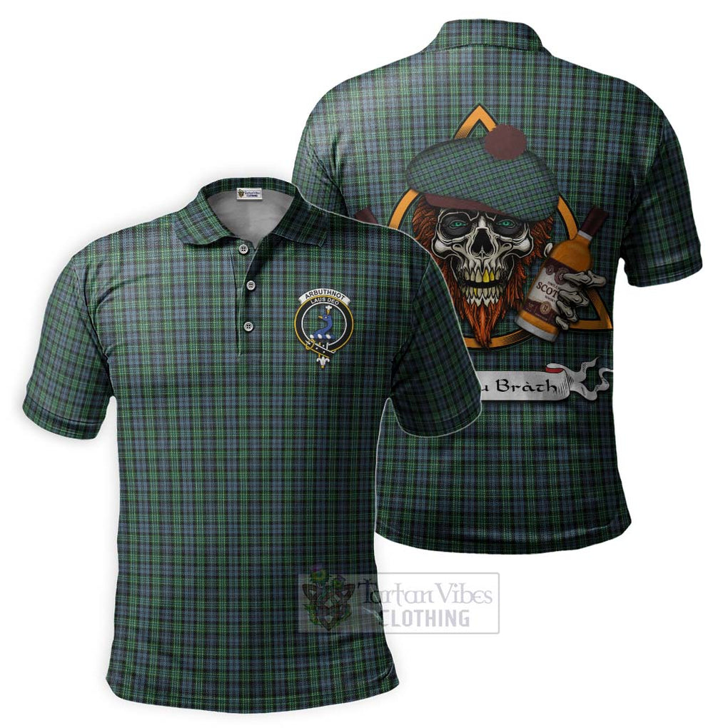 Tartan Vibes Clothing Arbuthnot Tartan Polo Shirt with Family Crest and Bearded Skull Holding Bottles of Whiskey
