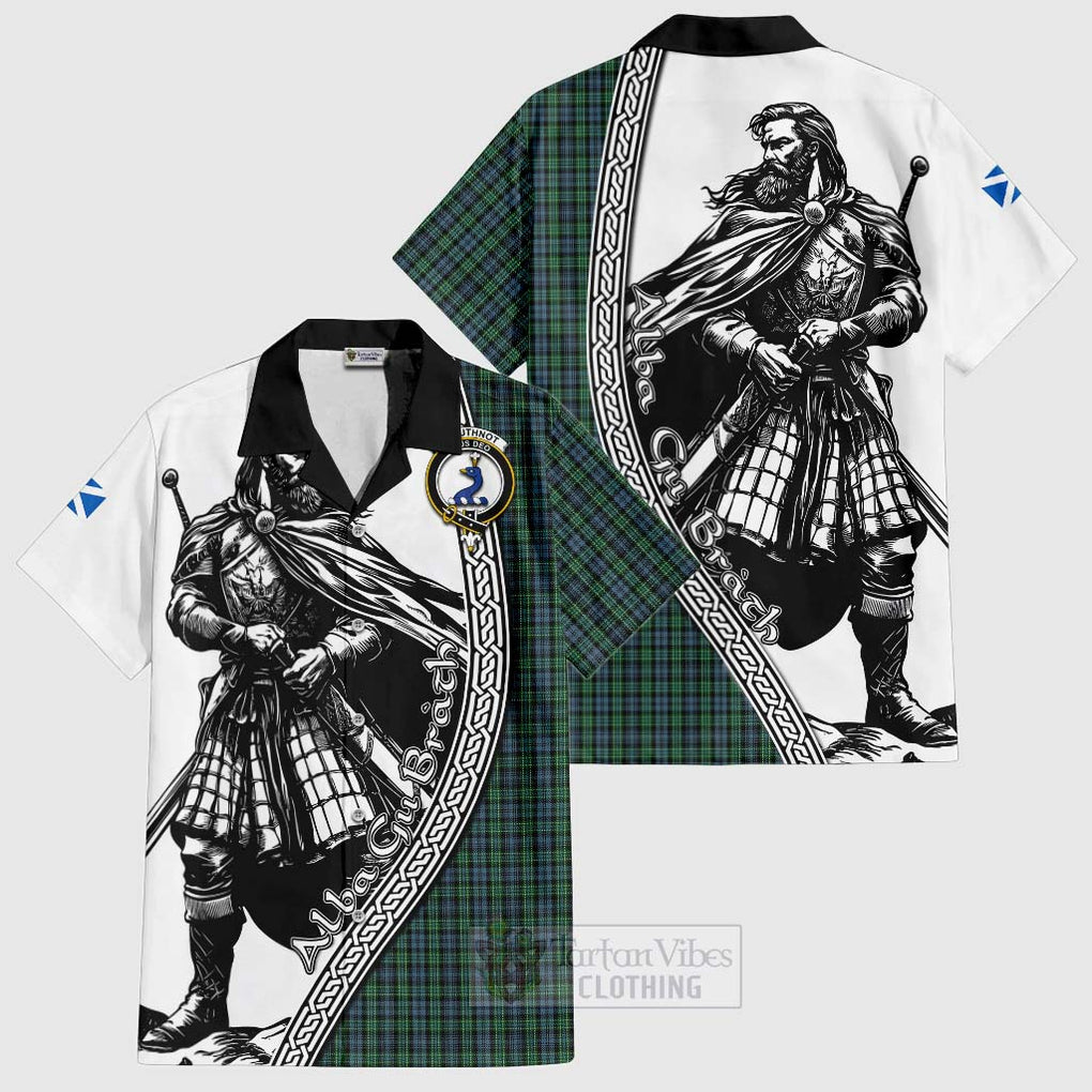 Tartan Vibes Clothing Arbuthnot Tartan Clan Crest Short Sleeve Button Shirt with Highlander Warrior Celtic Style