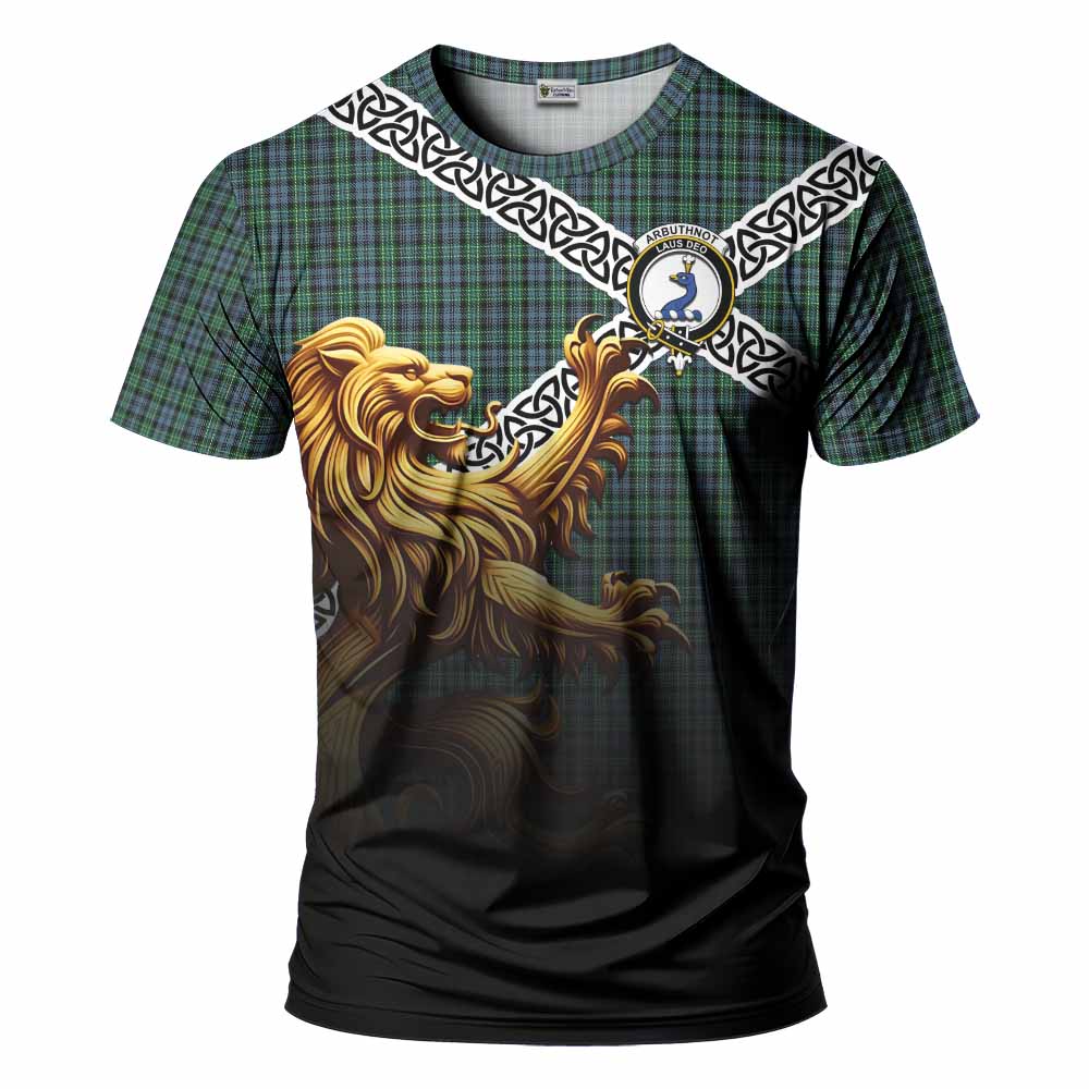 Tartan Vibes Clothing Arbuthnot Crest Tartan T-Shirt with Golden Lion Emblem Celtic Style