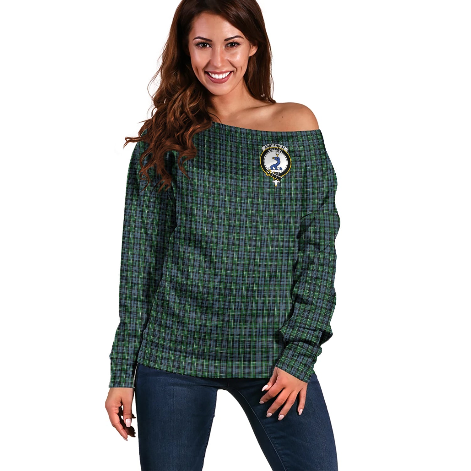 Arbuthnot Tartan Off Shoulder Women Sweater with Family Crest Women - Tartan Vibes Clothing
