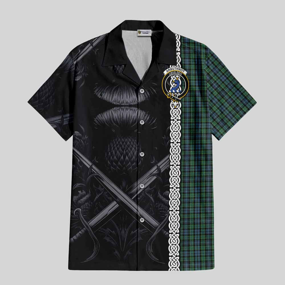 Tartan Vibes Clothing Arbuthnot Tartan Short Sleeve Button Shirt with Family Crest Cross Sword Thistle Celtic Vibes