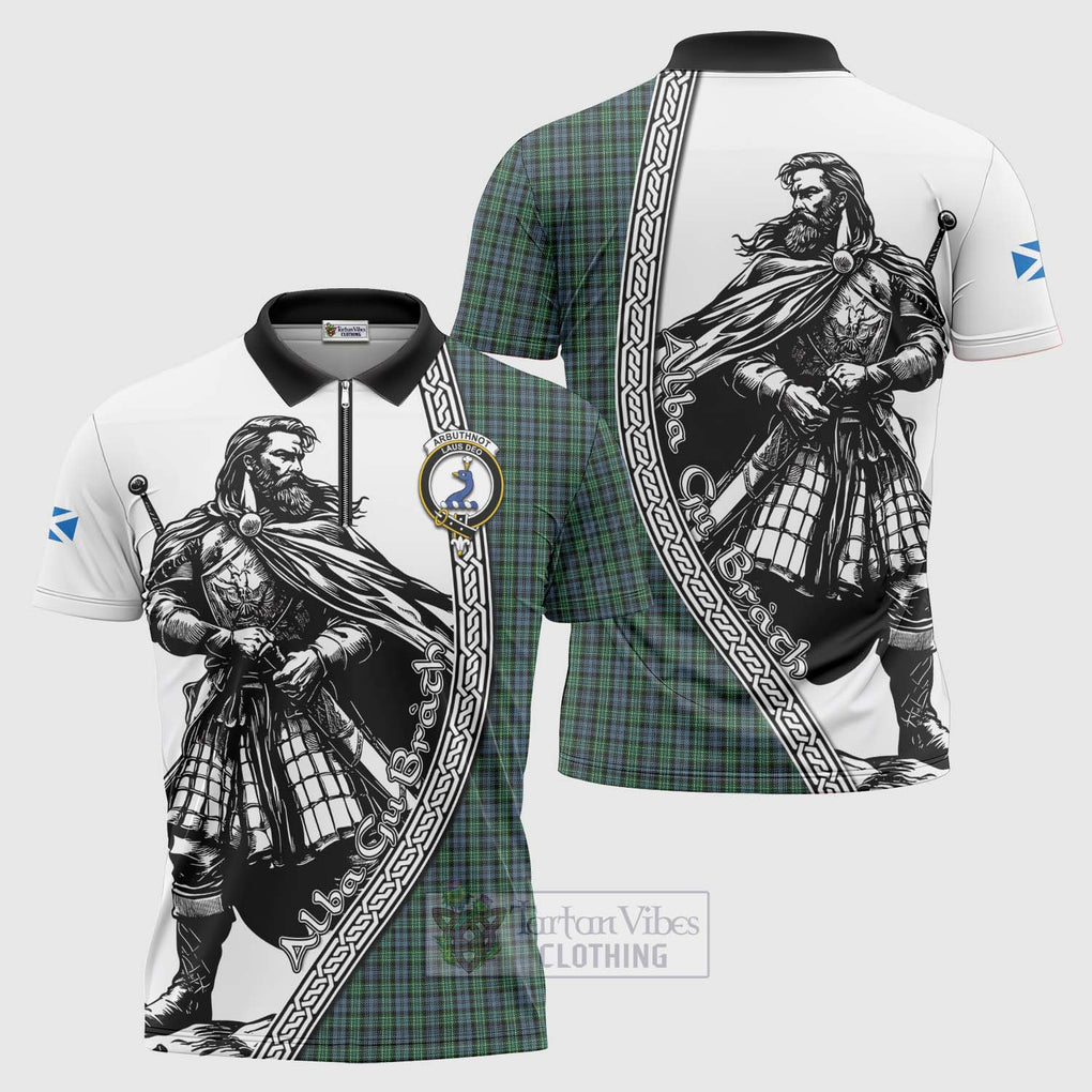 Tartan Vibes Clothing Arbuthnot Tartan Clan Crest Zipper Polo Shirt with Highlander Warrior Celtic Style