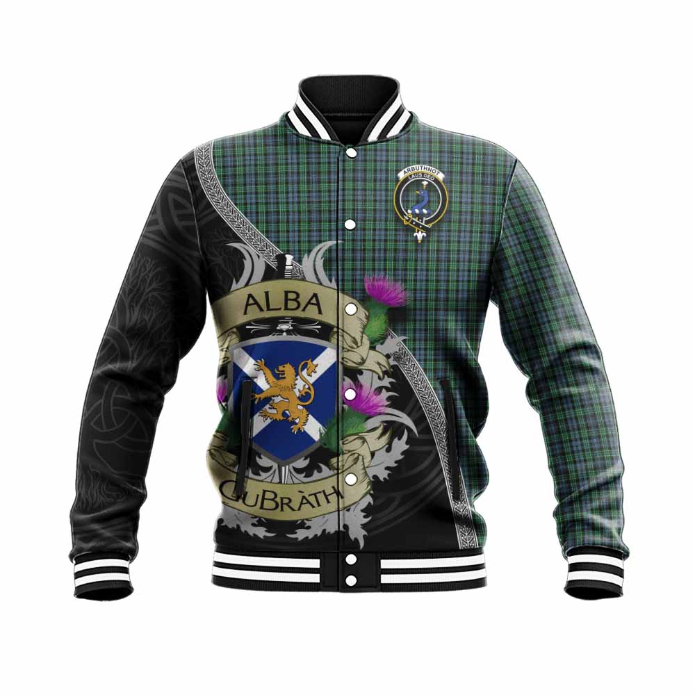 Tartan Vibes Clothing Arbuthnot Tartan Family Crest Baseball Jacket Lion Rampant Royal Thistle Shield Celtic Inspired
