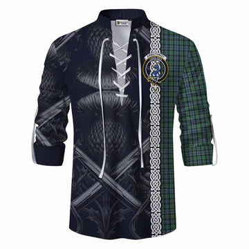 Tartan Vibes Clothing Arbuthnot Tartan Ghillie Kilt Shirt with Family Crest Cross Sword Thistle Celtic Vibes