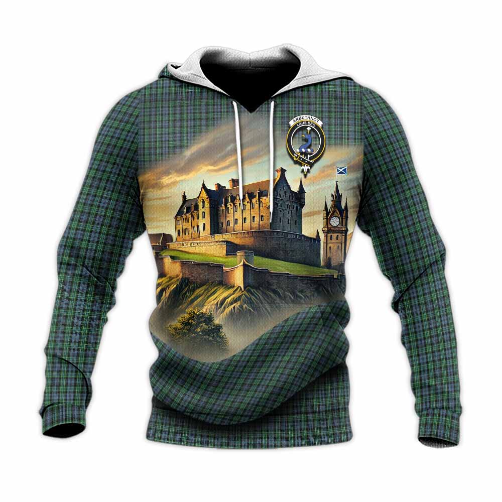 Tartan Vibes Clothing Arbuthnot Tartan Family Crest Knitted Hoodie with Scottish Ancient Castle Style