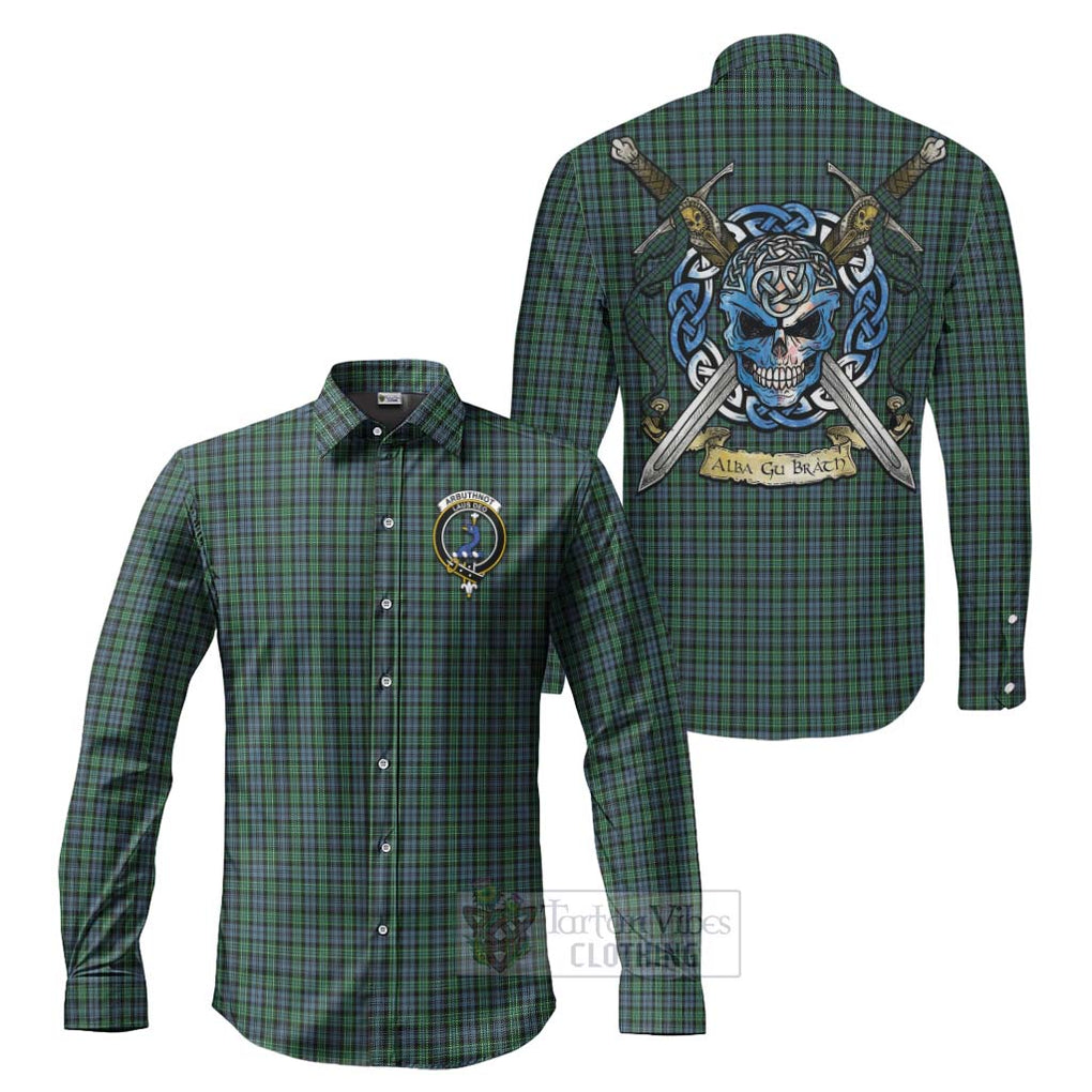 Tartan Vibes Clothing Arbuthnot Tartan Long Sleeve Button Shirt with Family Crest Celtic Skull Style