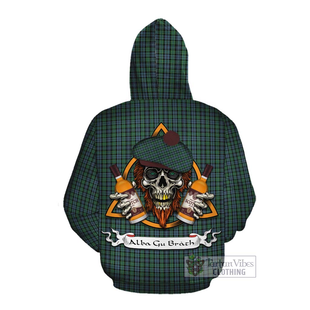 Tartan Vibes Clothing Arbuthnot Tartan Cotton Hoodie with Family Crest and Bearded Skull Holding Bottles of Whiskey